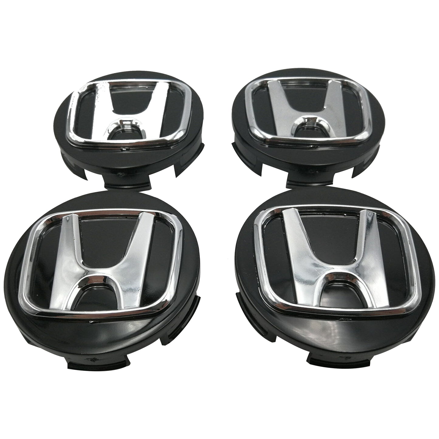 Honda 58mm 2.25" Set of 4 Black With Chrome Logo Wheel Cap Hub Center