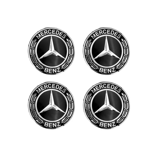 Mercedes-Benz 4 Classic Black Wheel Center Hub Caps Emblem 75MM Laurel Wreath