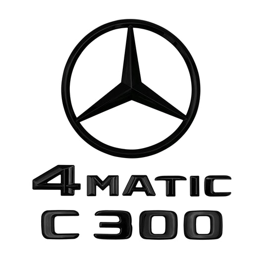 Mercedes Benz C300 W205 SEDAN AMG Emblem 4MATIC Gloss Black Trunk Star Badge Set