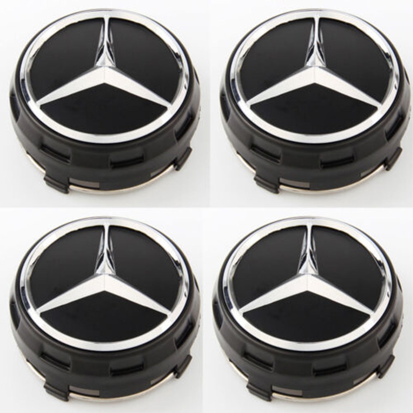 Mercedes-Benz 4PCS Black & Chrome Raised 75MM Wheel Rim Center Hub Caps AMG NEW