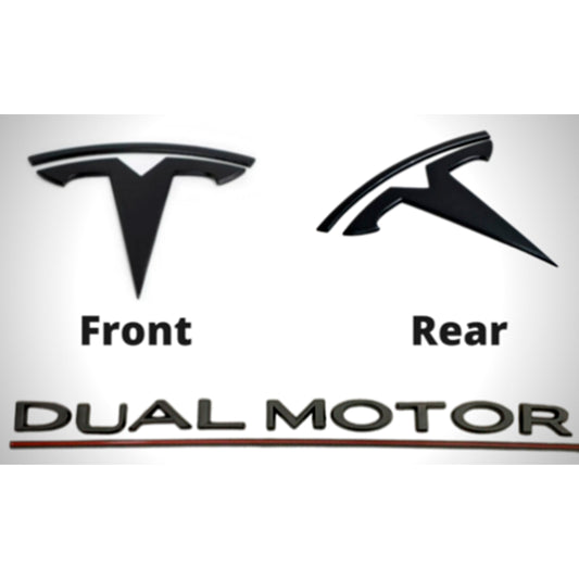 Tesla Model Y Front Rear Emblem T Badge Dual Motor Matte Black Sticker Set