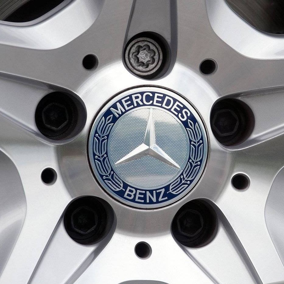 Mercedes Benz AMG 4x Wheel Center Caps Dark Blue Emblem 75MM Wreath Hubcaps Set