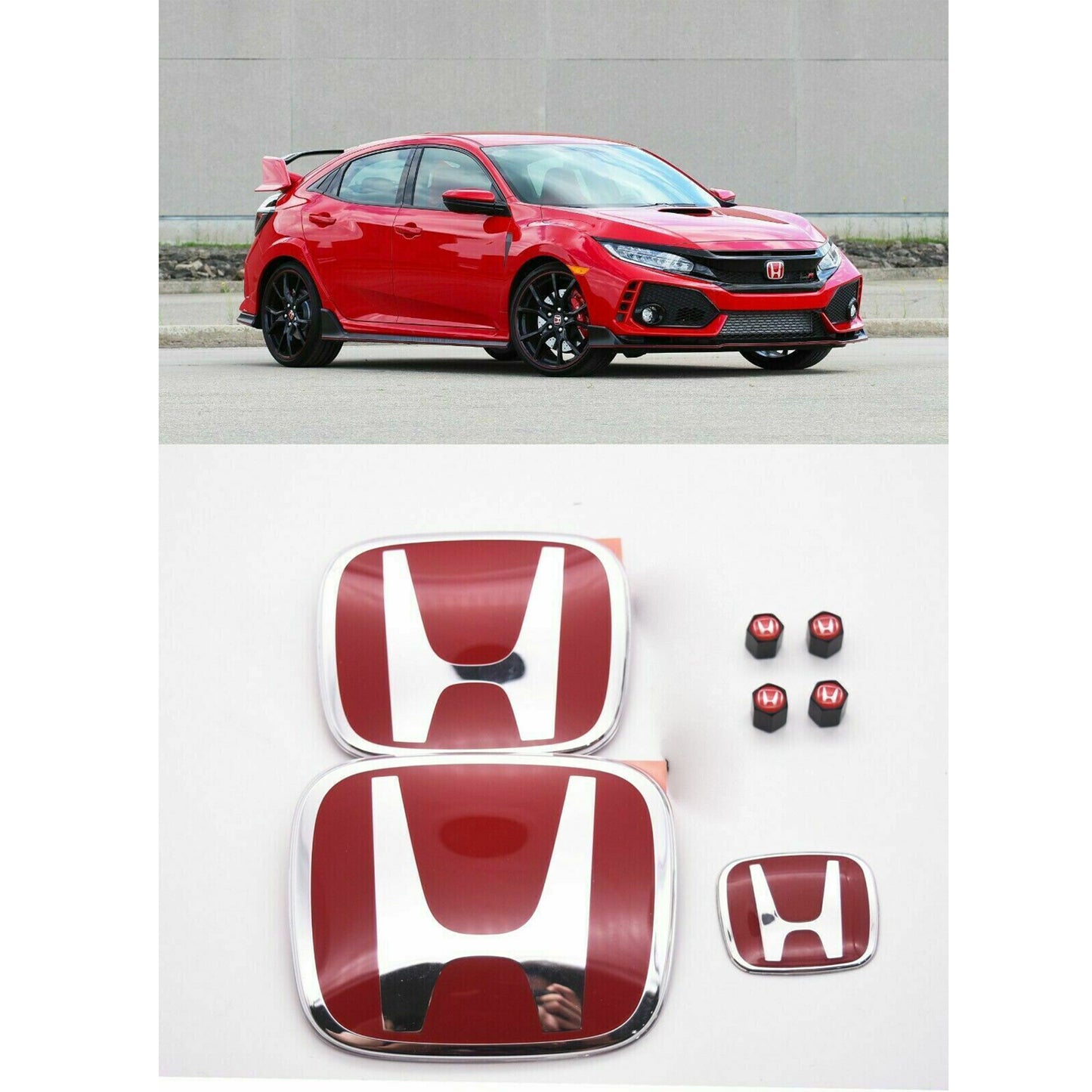 2016-21 Honda Civic Hatchback Red H Emblem Front Rear Steering 108*90mm 103*84mm 50*40mm