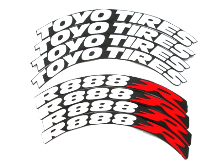 Permanent Tire Lettering Stickers Toyo Tires R888R set 4 wheels 1.25" for 14" 22